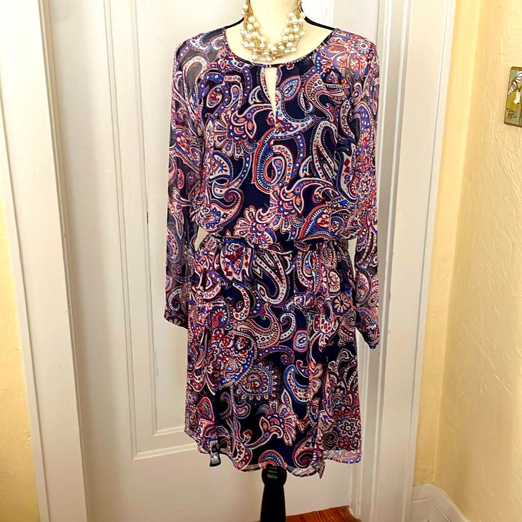 Shoshanna Patriotic Paisley Ruffle Dress Sheer Sleeves Elastic Waist Size 4 Nwot